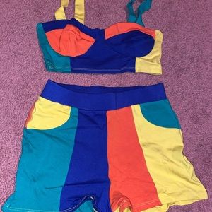 womens color block shorts set